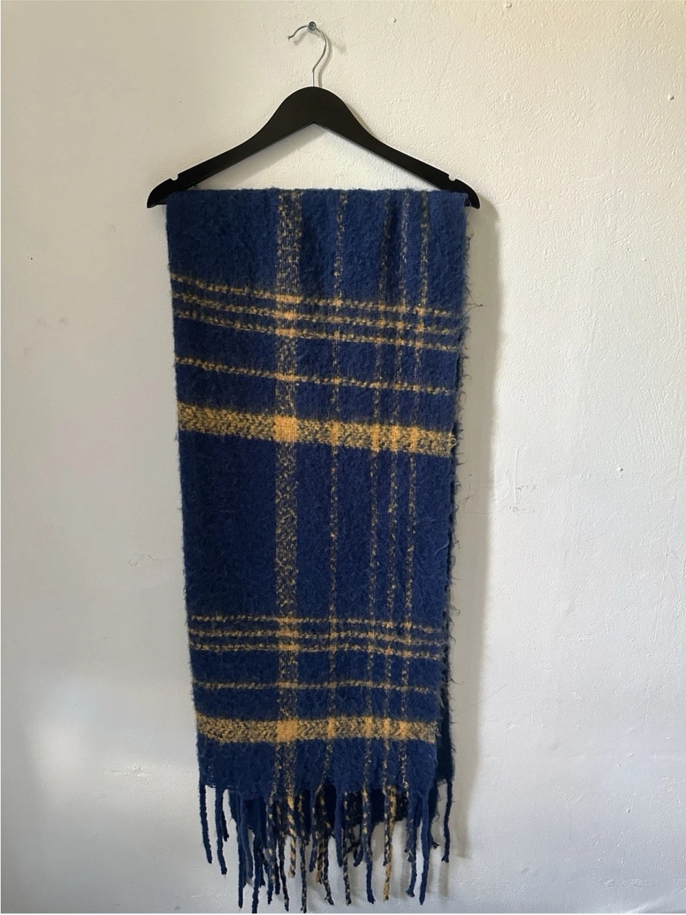 Free People Blue Yellow Plaid Fuzzy Fringe Scarf Oversized Cozy Y2K Wrap